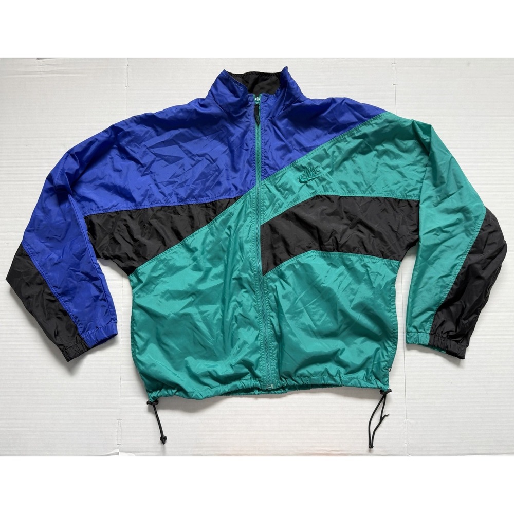 Vintage 90s Nike Windbreaker Jacket Men's L Teal Black Colorblock Swoosh Y2K